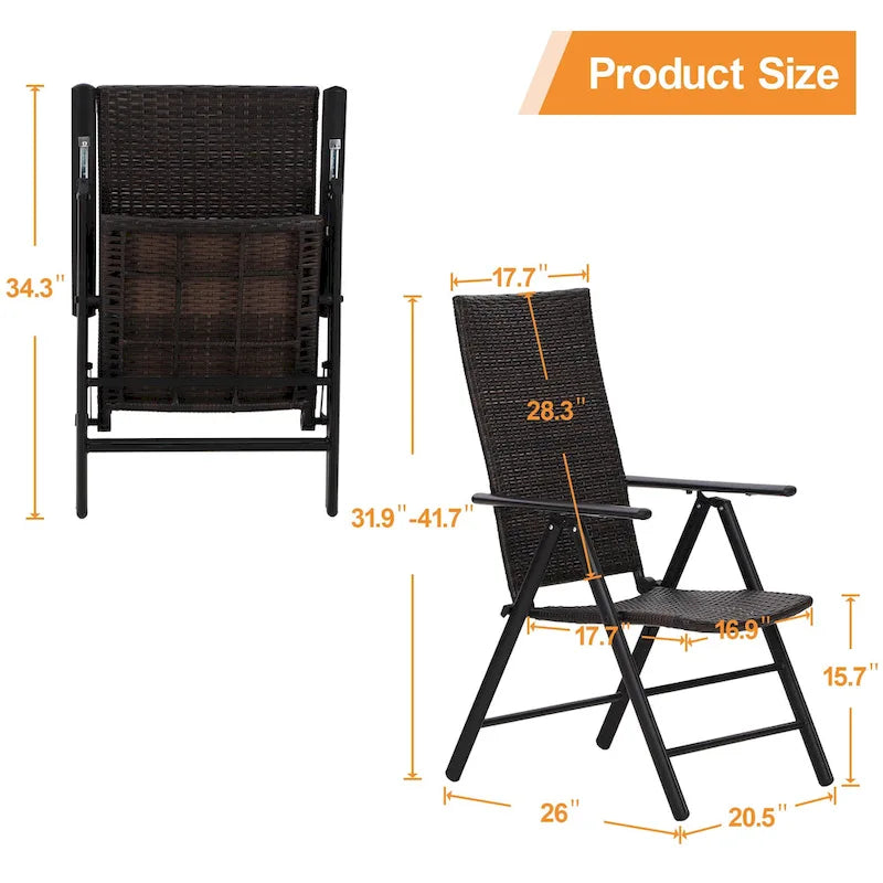 Ensemble de 2 chaises de jardin pliantes en résine tressée, inclinables et réglables, avec dossier haut.