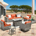 Ensemble de salon de jardin modulaire 9 pièces en résine tressée avec accoudoirs larges et foyer extérieur