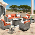 Ensemble de salon de jardin modulaire 9 pièces en résine tressée avec accoudoirs larges et foyer extérieur