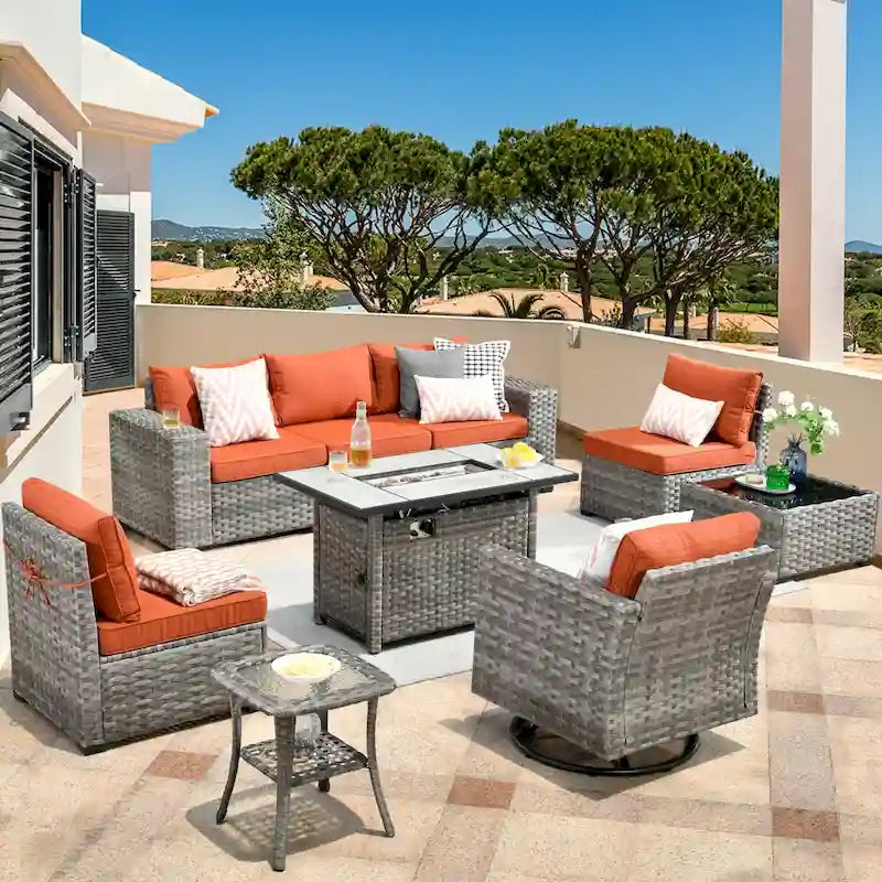 Ensemble de salon de jardin modulaire 9 pièces en résine tressée avec accoudoirs larges et foyer extérieur