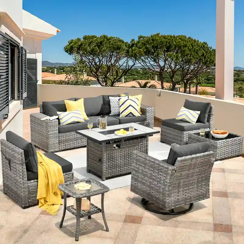 Ensemble de salon de jardin modulaire 9 pièces en résine tressée avec accoudoirs larges et foyer extérieur
