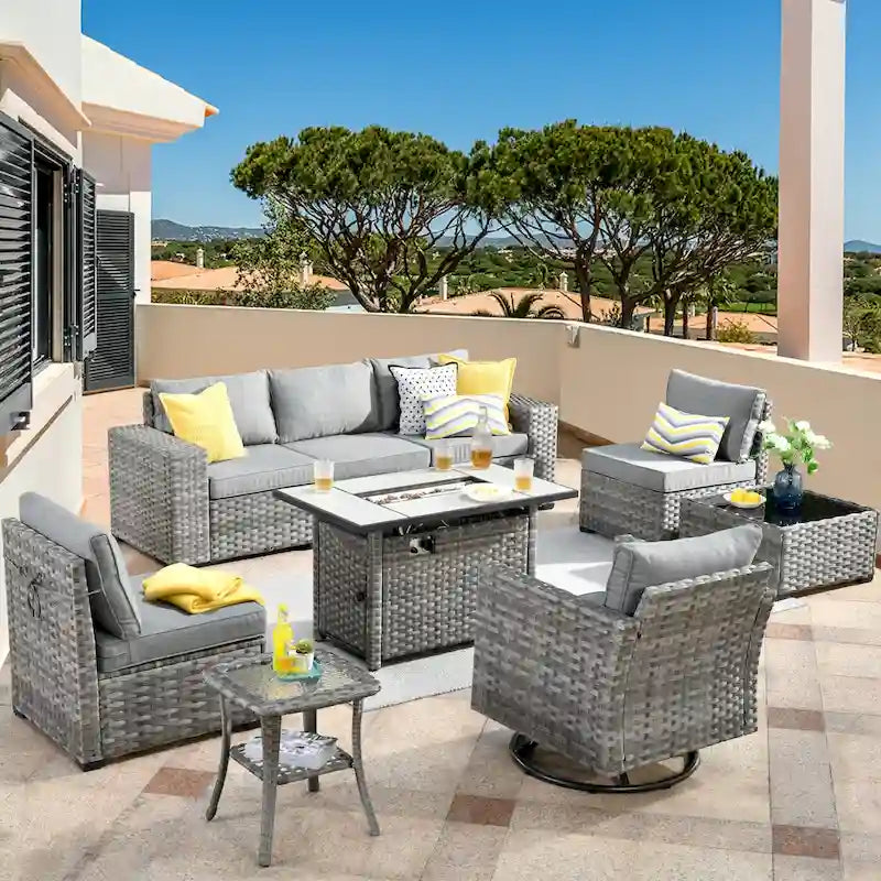 Ensemble de salon de jardin modulaire 9 pièces en résine tressée avec accoudoirs larges et foyer extérieur