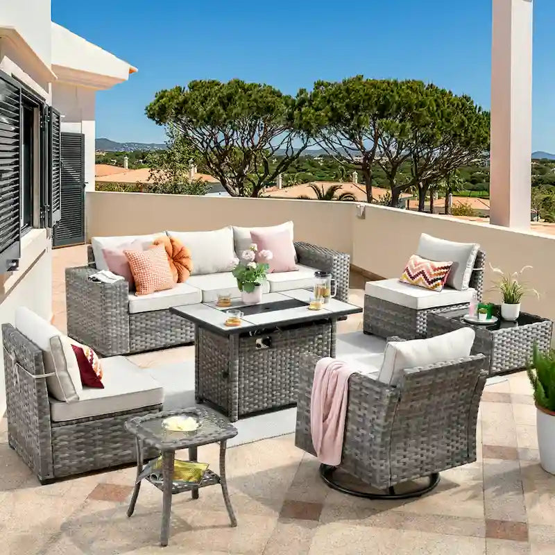 Ensemble de salon de jardin modulaire 9 pièces en résine tressée avec accoudoirs larges et foyer extérieur
