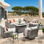 Ensemble de salon de jardin modulaire 9 pièces en résine tressée avec accoudoirs larges et foyer extérieur
