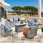 Ensemble de salon de jardin modulaire 9 pièces en résine tressée avec accoudoirs larges et foyer extérieur