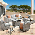 Ensemble de salon de jardin modulaire 9 pièces en résine tressée avec accoudoirs larges et foyer extérieur