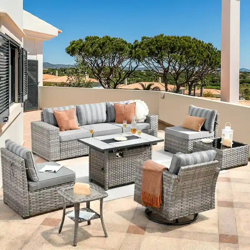 Ensemble de salon de jardin modulaire 9 pièces en résine tressée avec accoudoirs larges et foyer extérieur