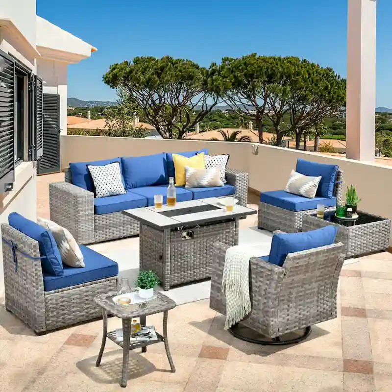 Ensemble de salon de jardin modulaire 9 pièces en résine tressée avec accoudoirs larges et foyer extérieur