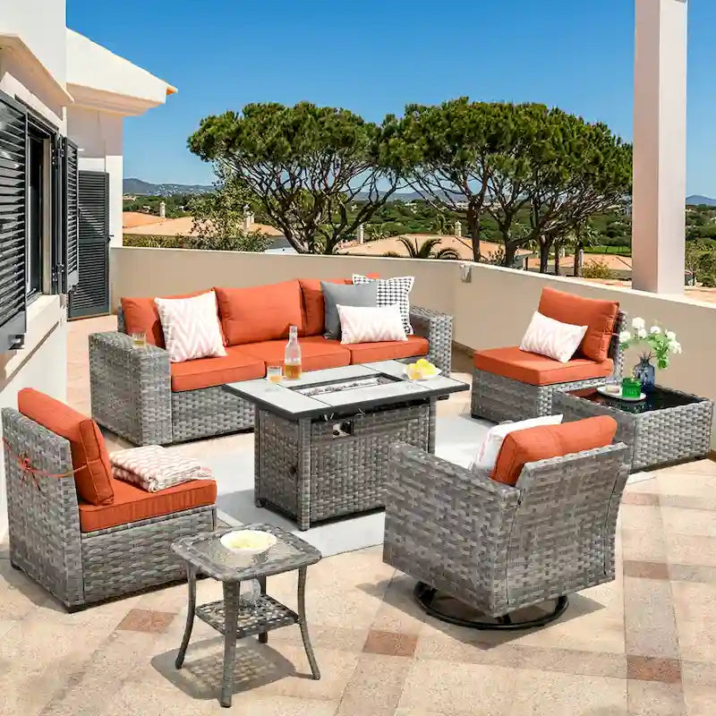 Ensemble de salon de jardin modulaire 9 pièces en résine tressée avec accoudoirs larges et foyer extérieur