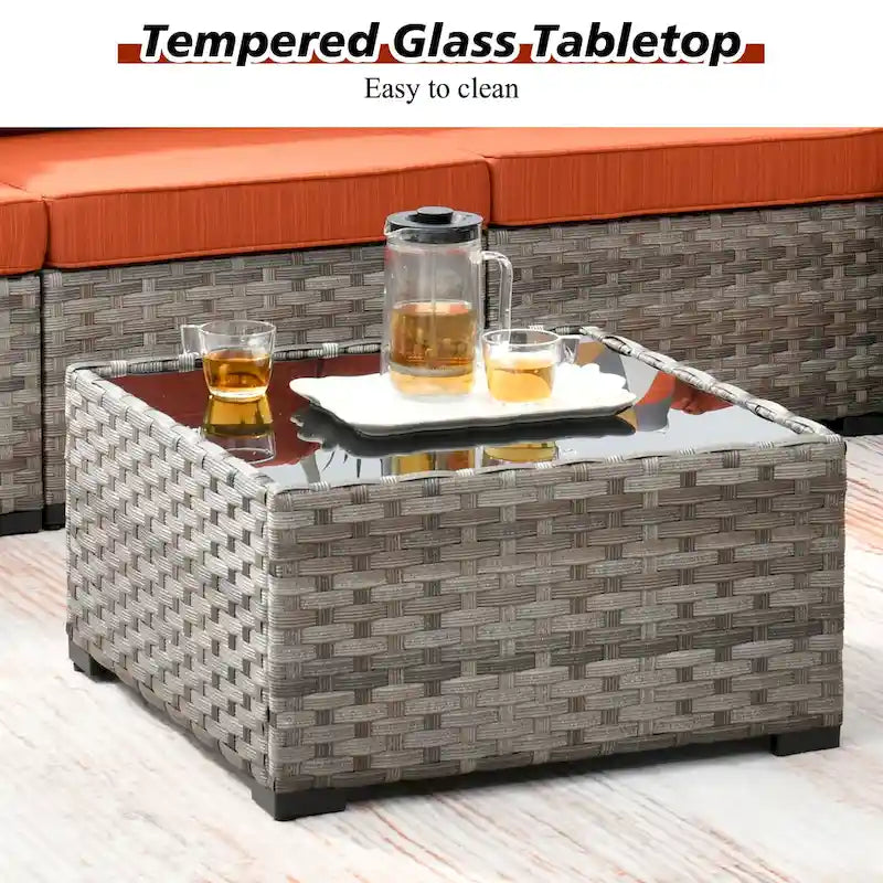 Ensemble de salon de jardin modulaire 9 pièces en résine tressée avec accoudoirs larges et foyer extérieur