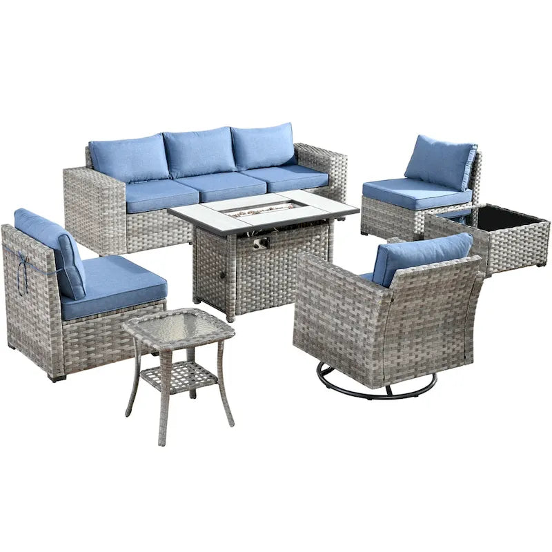 Ensemble de salon de jardin modulaire 9 pièces en résine tressée avec accoudoirs larges et foyer extérieur