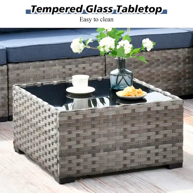 Ensemble de salon de jardin modulaire 9 pièces en résine tressée avec accoudoirs larges et foyer extérieur
