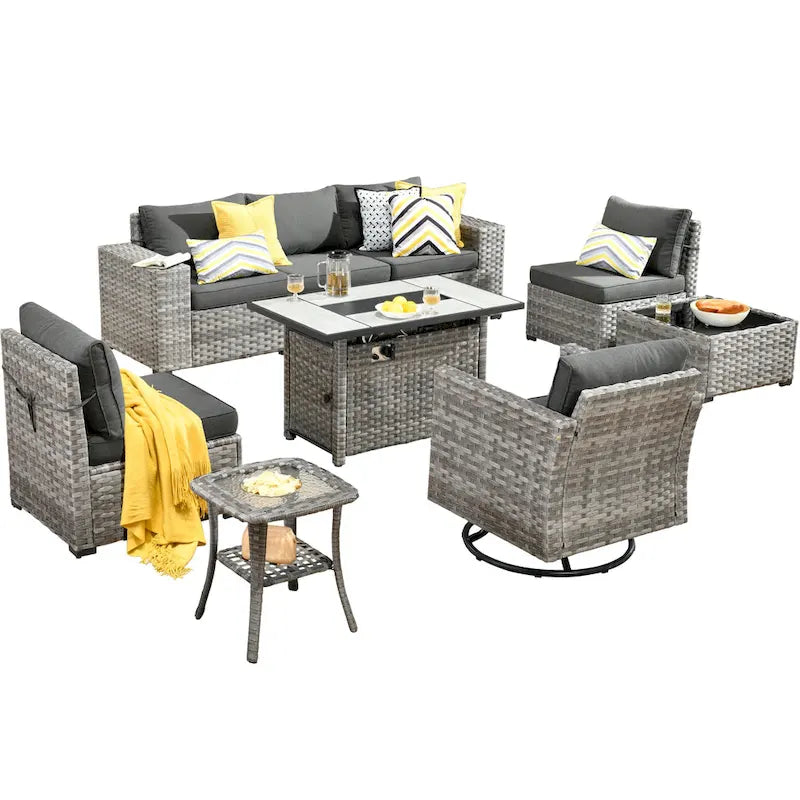 Ensemble de salon de jardin modulaire 9 pièces en résine tressée avec accoudoirs larges et foyer extérieur