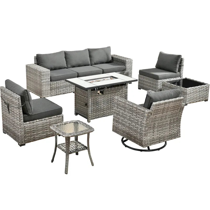 Ensemble de salon de jardin modulaire 9 pièces en résine tressée avec accoudoirs larges et foyer extérieur