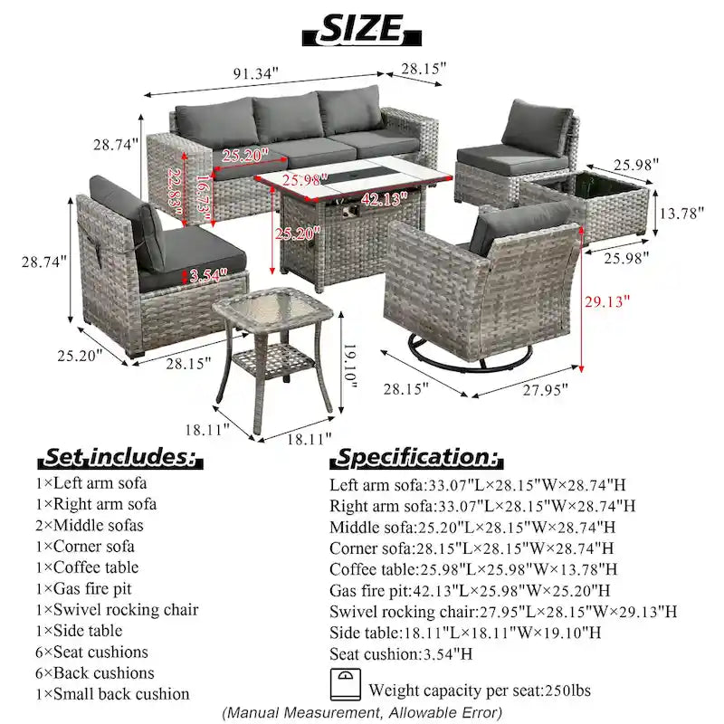 Ensemble de salon de jardin modulaire 9 pièces en résine tressée avec accoudoirs larges et foyer extérieur