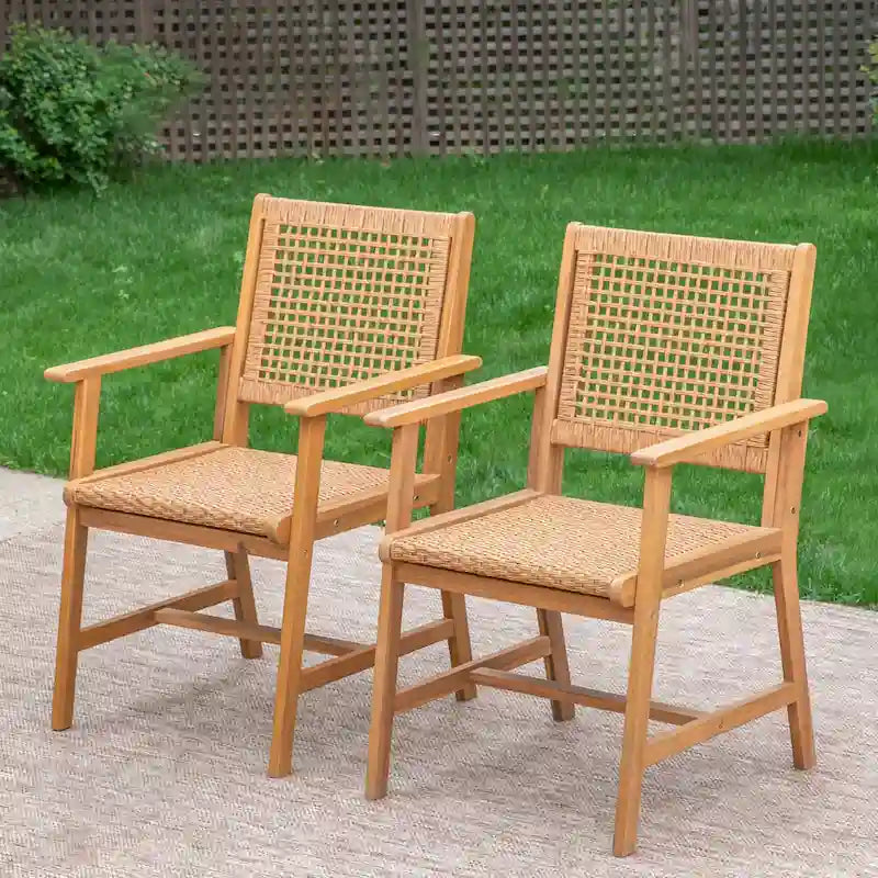 MAISON ARTS 2-Piece Patio Natural Solid Acacia Wood Dining Chairs, Patio Oil Finished Wooden Armchairs Set of 2