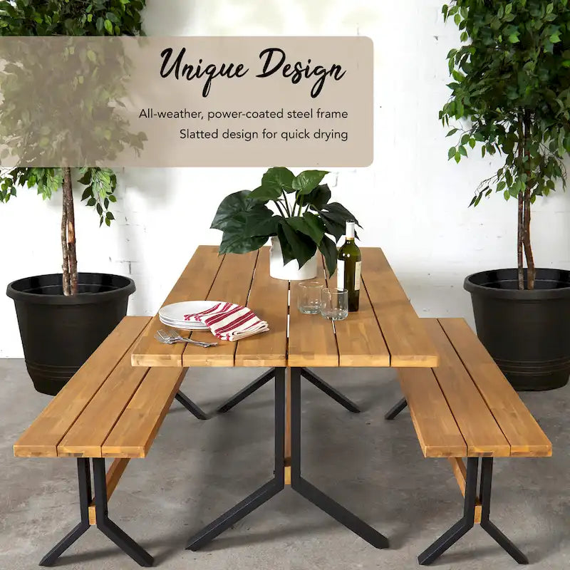 Ensemble de salle à manger contemporain 3 pièces en bois d'acacia naturel SEI Furniture avec table et bancs