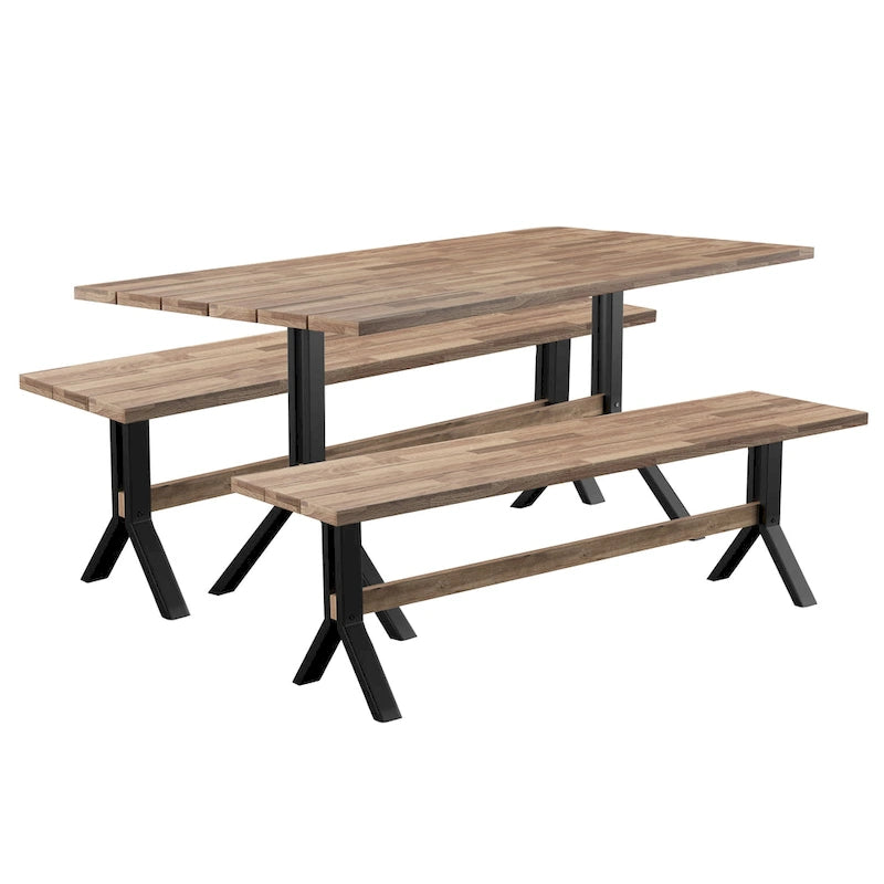 Ensemble de salle à manger contemporain 3 pièces en bois d'acacia naturel SEI Furniture avec table et bancs