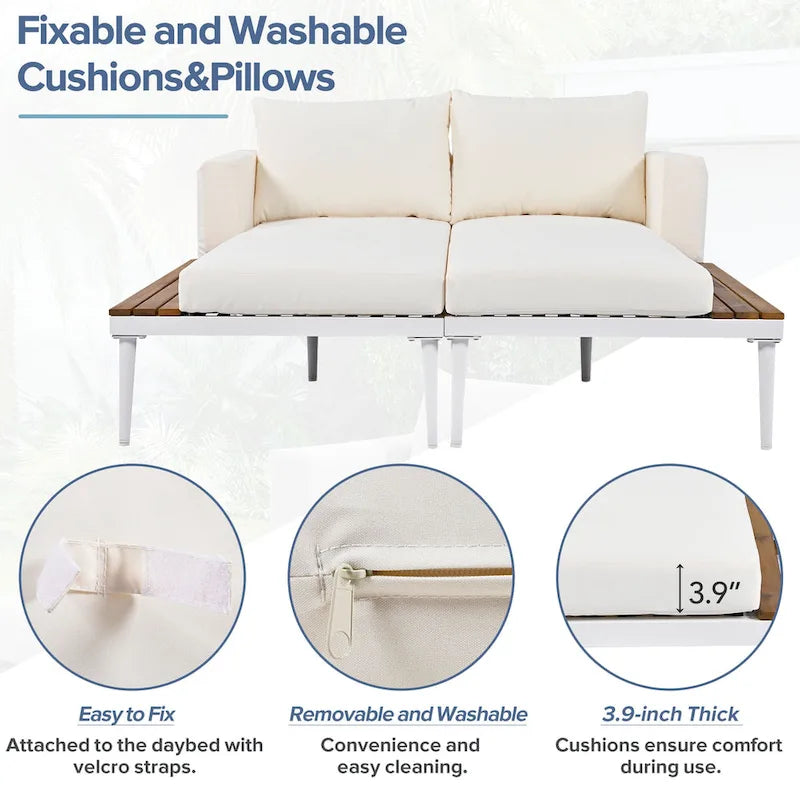 Lit de jour moderne en métal pour patio TOPMAX avec espaces latéraux en bois pour les boissons