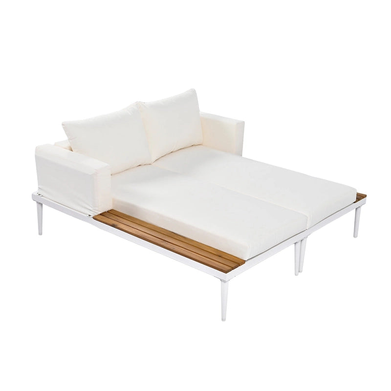 Lit de jour moderne en métal pour patio TOPMAX avec espaces latéraux en bois pour les boissons