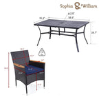 Ensemble de salle à manger d'extérieur 7 pièces en rotin PE, avec accoudoirs et coussins, et un trou pour parasol de 6,6 cm.
