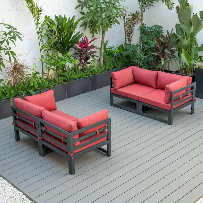 Ensemble de canapé d'angle 4 pièces LeisureMod Chelsea pour patio extérieur, en aluminium noir avec coussins