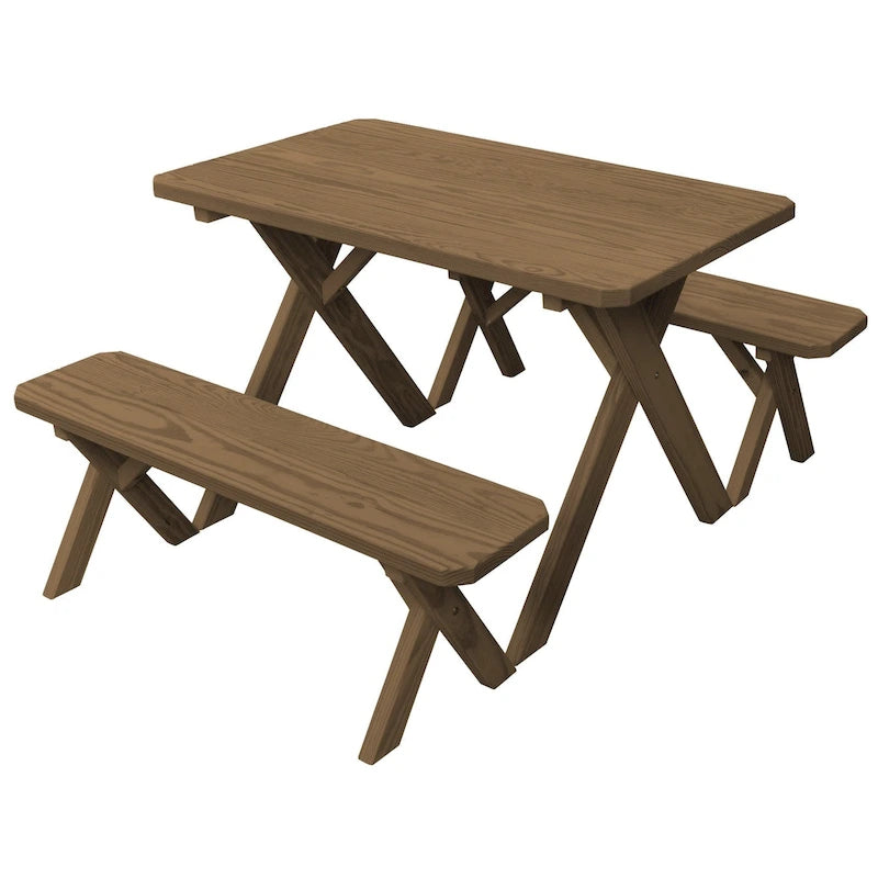 Table de pique-nique en pin traité sous pression de 1,20 m avec pieds croisés et 2 bancs