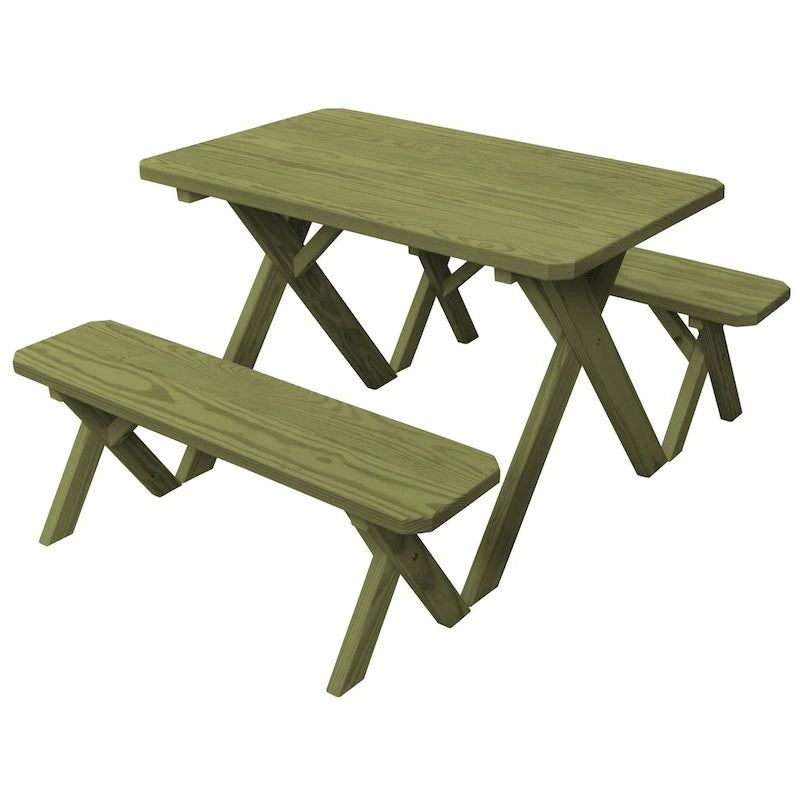 Table de pique-nique en pin traité sous pression de 1,20 m avec pieds croisés et 2 bancs