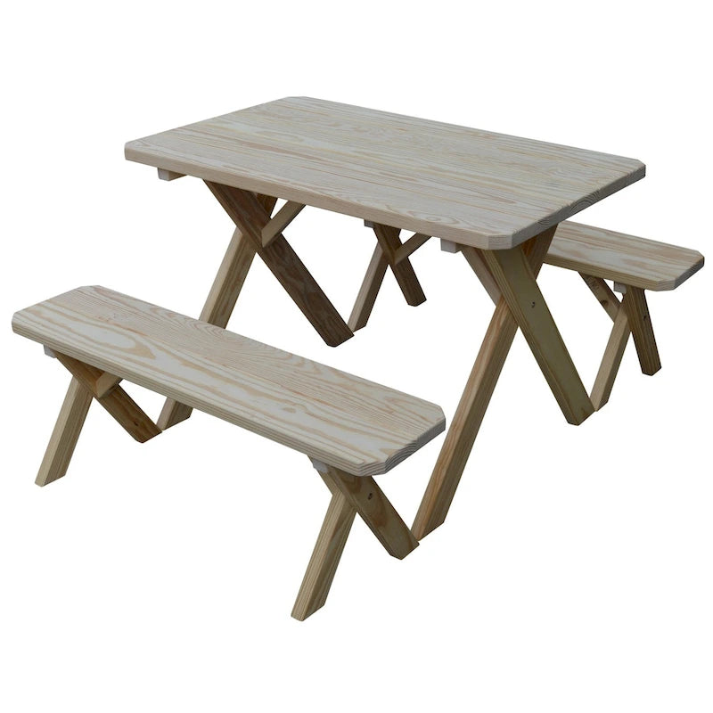 Table de pique-nique en pin traité sous pression de 1,20 m avec pieds croisés et 2 bancs