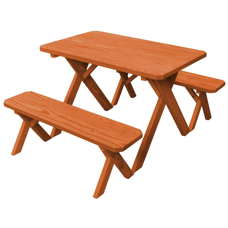 Table de pique-nique en pin traité sous pression de 1,20 m avec pieds croisés et 2 bancs