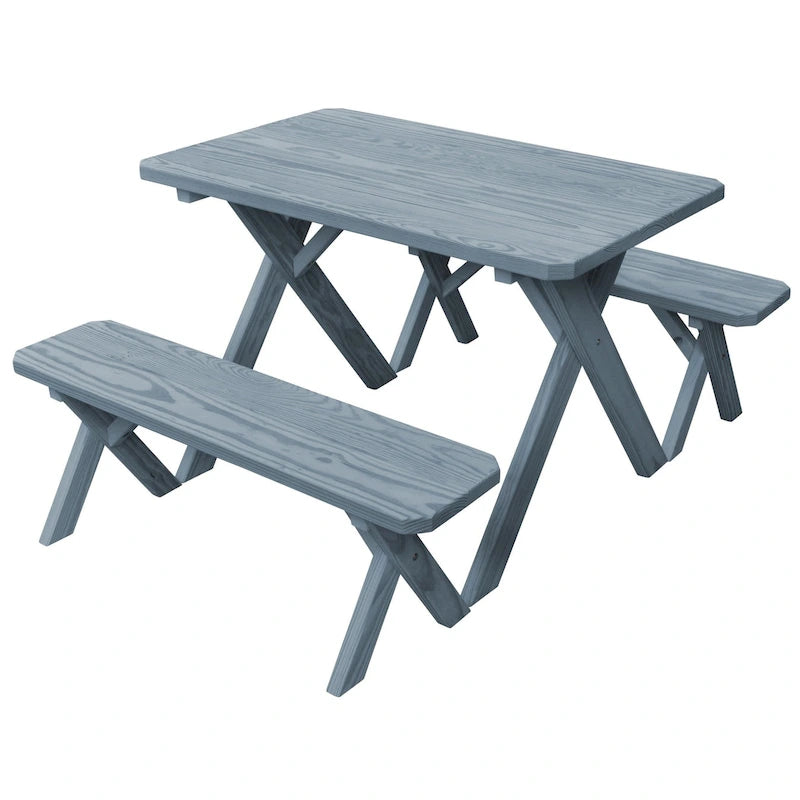 Table de pique-nique en pin traité sous pression de 1,20 m avec pieds croisés et 2 bancs