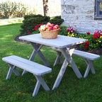 Table de pique-nique en pin traité sous pression de 1,20 m avec pieds croisés et 2 bancs