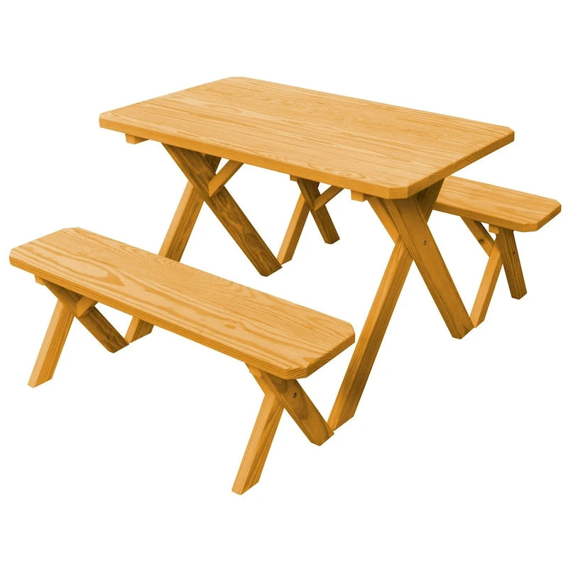 Table de pique-nique en pin traité sous pression de 1,20 m avec pieds croisés et 2 bancs