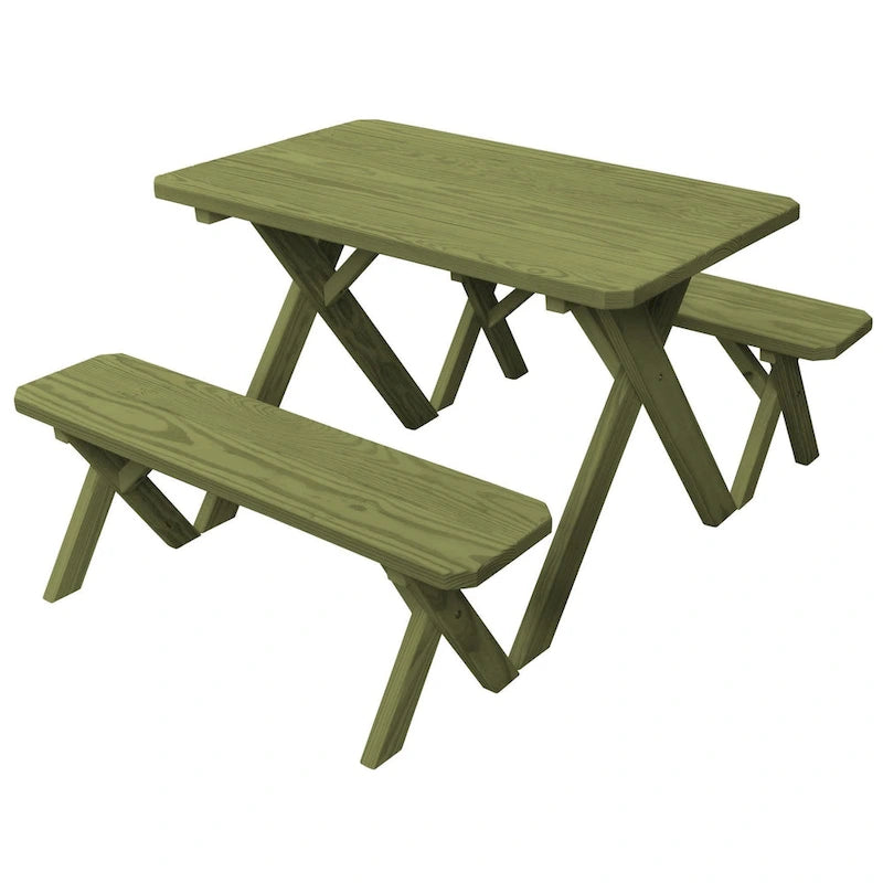 Table de pique-nique en pin traité sous pression de 1,20 m avec pieds croisés et 2 bancs