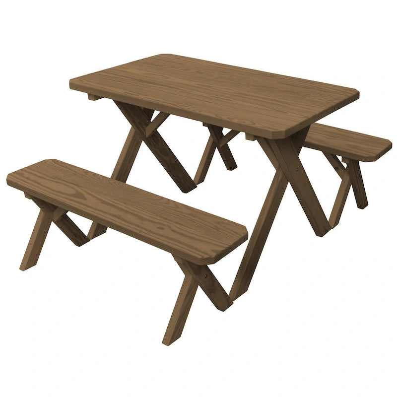 Table de pique-nique en pin traité sous pression de 1,20 m avec pieds croisés et 2 bancs