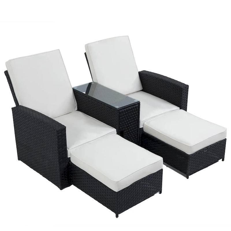 Chaise longue d'extérieur 5 pièces en rotin tressé, dossier inclinable et coussins blancs - 83 x 56