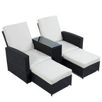 Chaise longue d'extérieur 5 pièces en rotin tressé, dossier inclinable et coussins blancs - 83 x 56
