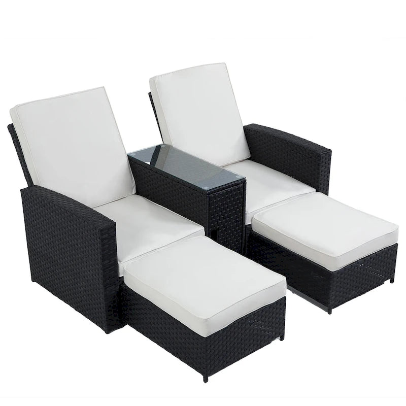 Chaise longue d'extérieur 5 pièces en rotin tressé, dossier inclinable et coussins blancs - 83 x 56