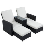 Chaise longue d'extérieur 5 pièces en rotin tressé, dossier inclinable et coussins blancs - 83 x 56