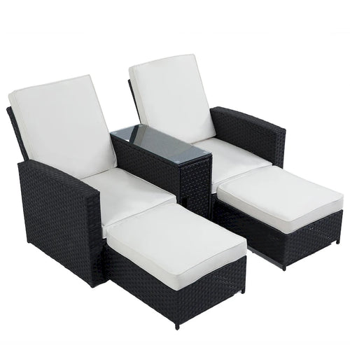 Chaise longue d'extérieur 5 pièces en rotin tressé, dossier inclinable et coussins blancs - 83 x 56