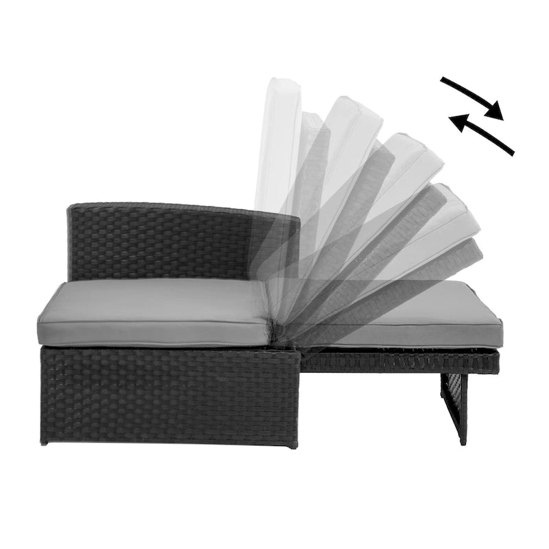 Chaise longue d'extérieur 5 pièces en rotin tressé, dossier inclinable et coussins blancs - 83 x 56