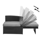 Chaise longue d'extérieur 5 pièces en rotin tressé, dossier inclinable et coussins blancs - 83 x 56