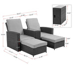 Chaise longue d'extérieur 5 pièces en rotin tressé, dossier inclinable et coussins blancs - 83 x 56