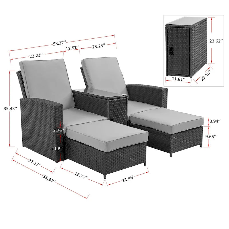 Chaise longue d'extérieur 5 pièces en rotin tressé, dossier inclinable et coussins blancs - 83 x 56