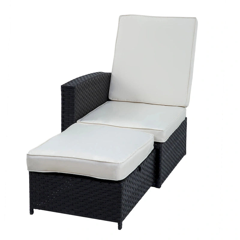 Chaise longue d'extérieur 5 pièces en rotin tressé, dossier inclinable et coussins blancs - 83 x 56