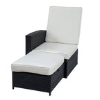 Chaise longue d'extérieur 5 pièces en rotin tressé, dossier inclinable et coussins blancs - 83 x 56