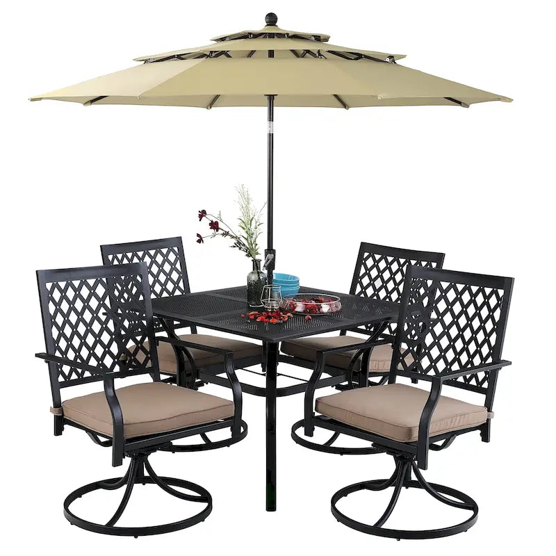 Ensemble de salle à manger d'extérieur MAISON ARTS en métal, 6 pièces : 4 chaises pivotantes, 1 table carrée de 94 cm (37 po) avec structure en acier et 1 parasol rouge à 3 niveaux de 3 m (10 pi).