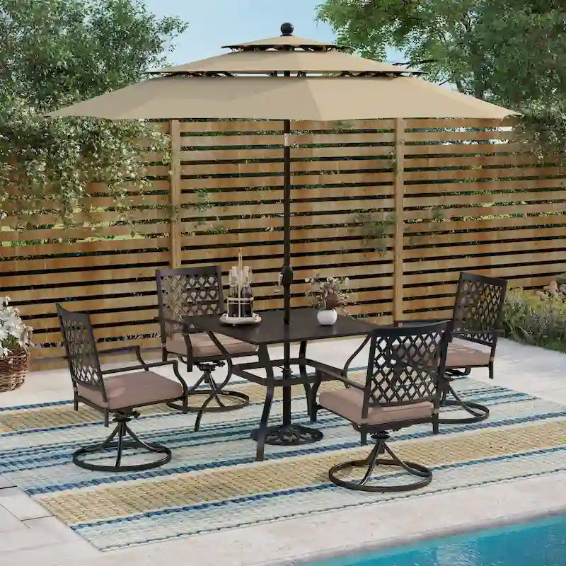 Ensemble de salle à manger d'extérieur MAISON ARTS en métal, 6 pièces : 4 chaises pivotantes, 1 table carrée de 94 cm (37 po) avec structure en acier et 1 parasol rouge à 3 niveaux de 3 m (10 pi).