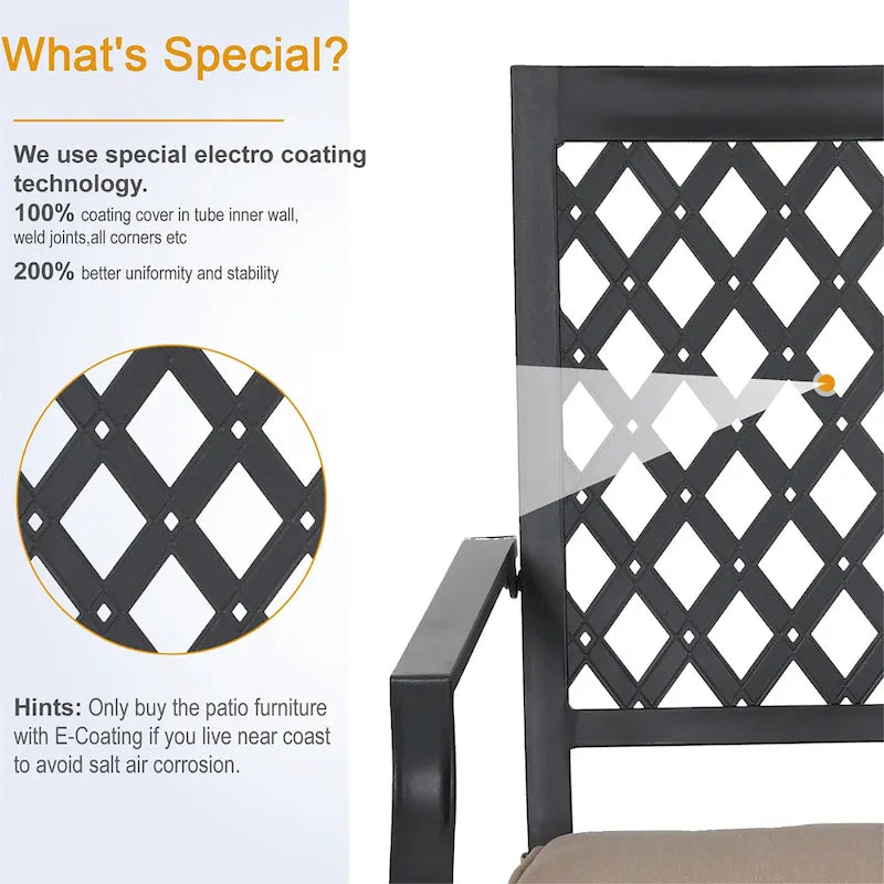 Ensemble de salle à manger d'extérieur MAISON ARTS en métal, 6 pièces : 4 chaises pivotantes, 1 table carrée de 94 cm (37 po) avec structure en acier et 1 parasol rouge à 3 niveaux de 3 m (10 pi).