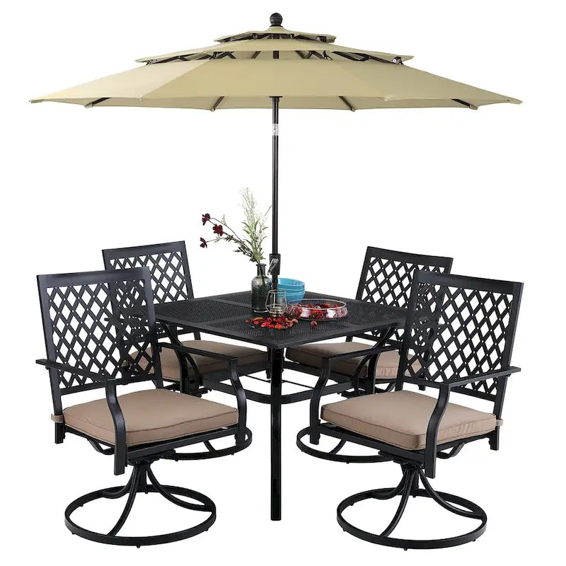 Ensemble de salle à manger d'extérieur MAISON ARTS en métal, 6 pièces : 4 chaises pivotantes, 1 table carrée de 94 cm (37 po) avec structure en acier et 1 parasol rouge à 3 niveaux de 3 m (10 pi).